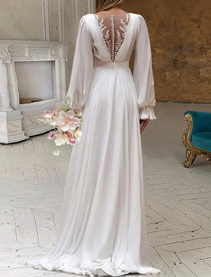 Bohemian A-line V Neck Long Puff Sleeve High Slit Floor Length Chiffon Wedding Dress