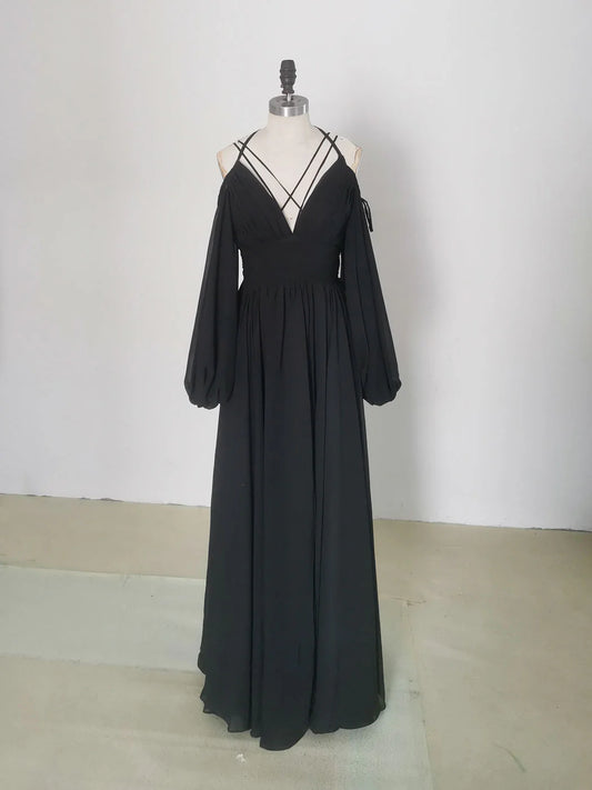 Boho A-Line Cold Shoulder Long Puff Sleeve Floor Length Chiffon Prom Dress