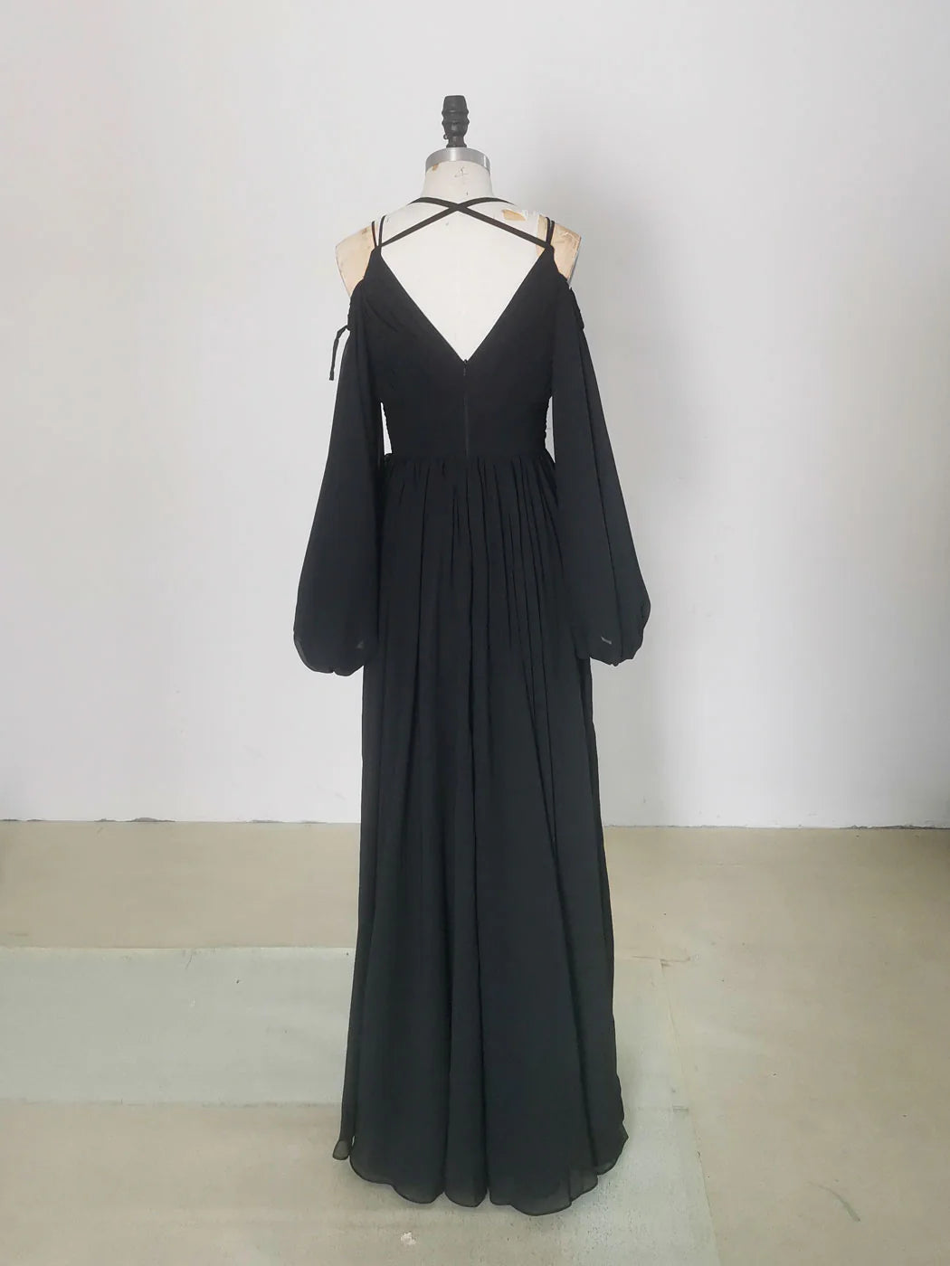 Bohemian Chiffon A-Line Cold Shoulder Puff Sleeve Floor Length Prom Dress