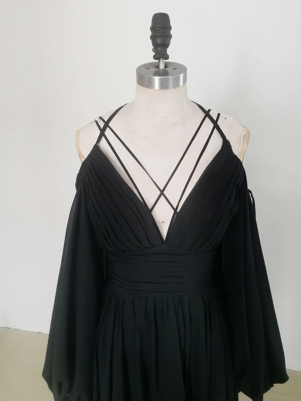 Bohemian Chiffon A-Line Cold Shoulder Puff Sleeve Floor Length Prom Dress