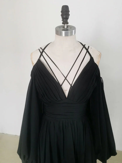 Bohemian Chiffon A-Line Cold Shoulder Puff Sleeve Floor Length Prom Dress