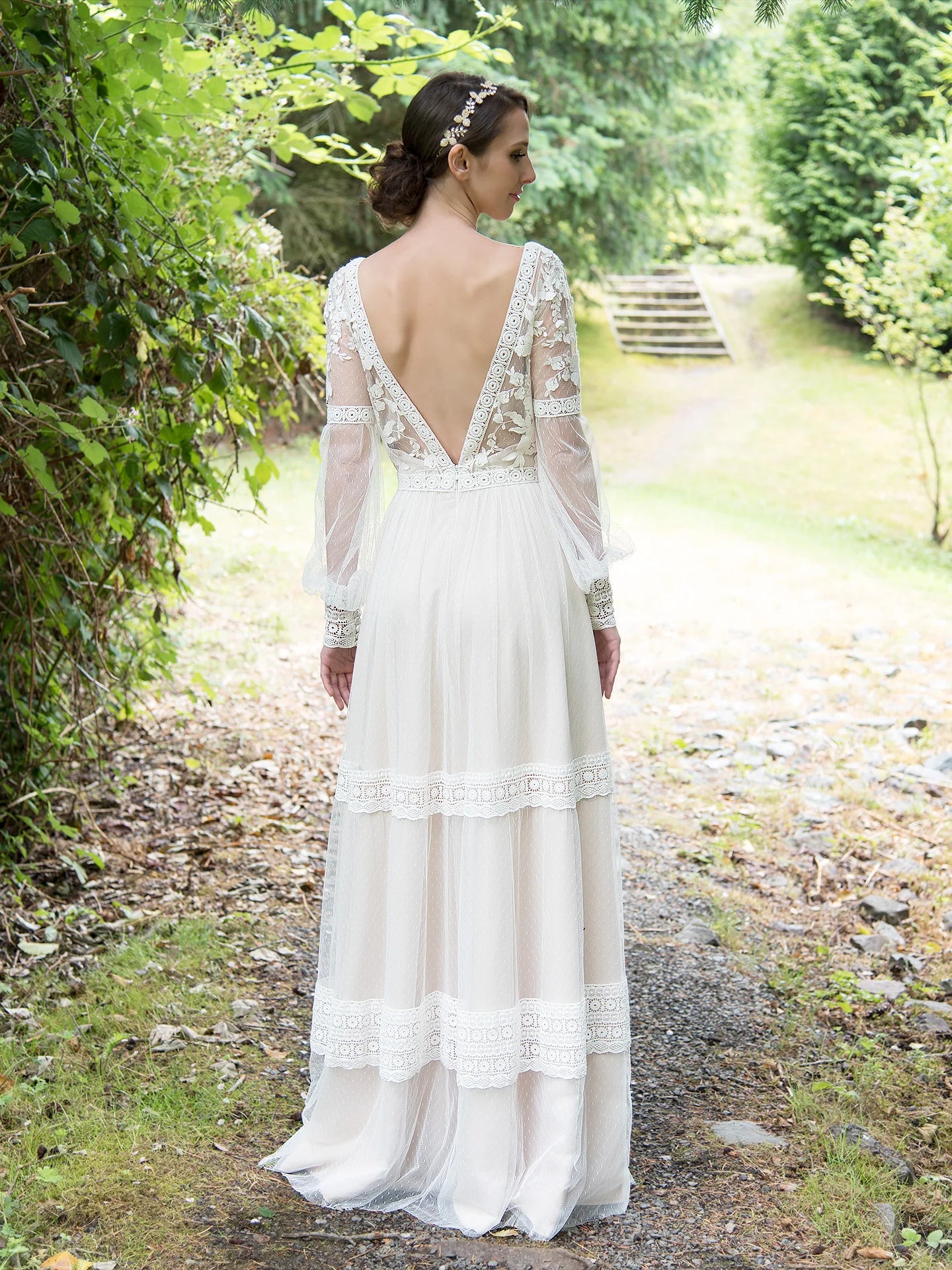 Boho Floral Lace Long Puff Sleeve Deep V Tiered Dot Tulle Open Back Flowy Wedding Dress