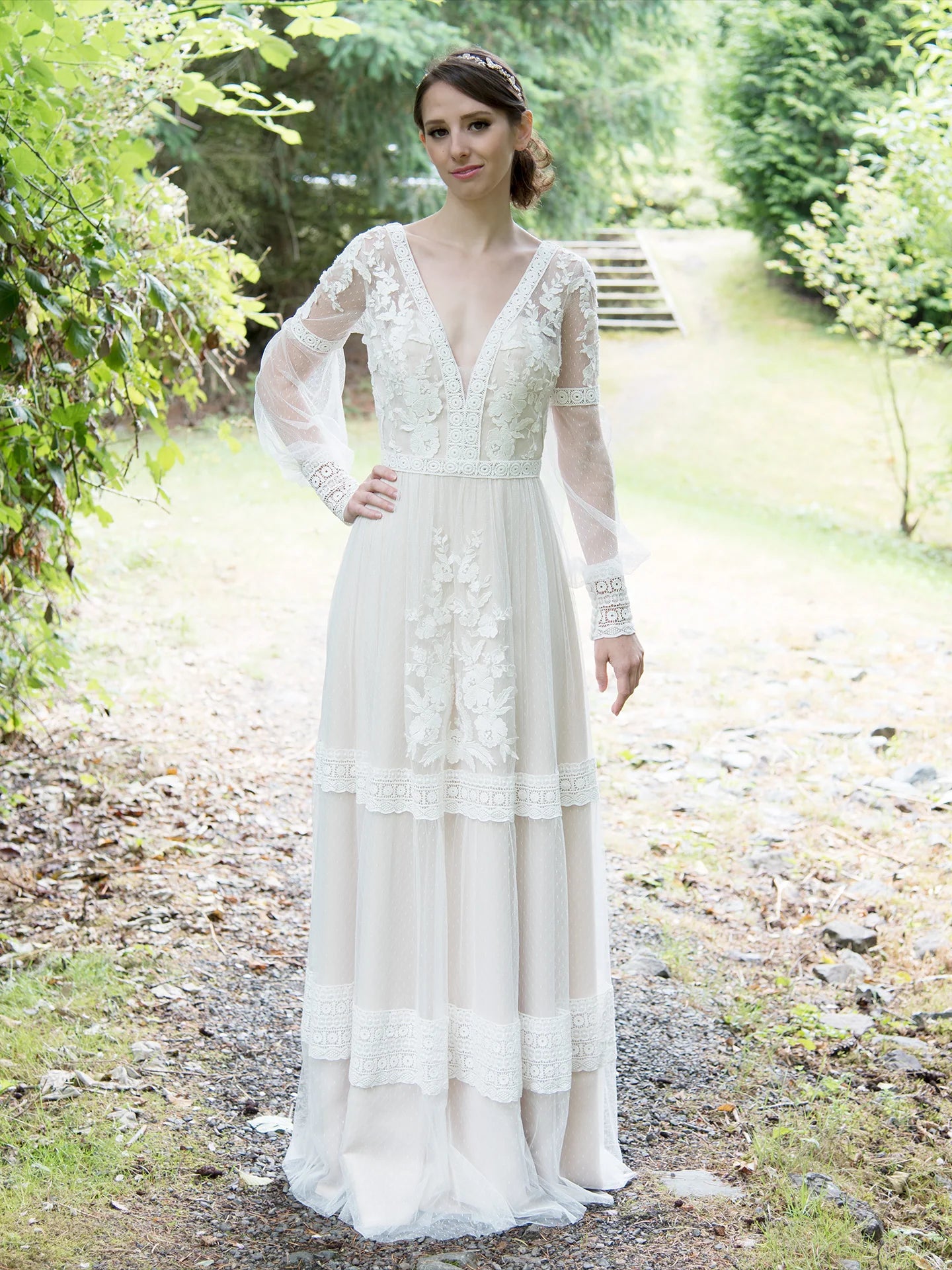 Boho Floral Lace Long Puff Sleeve Deep V Tiered Dot Tulle Open Back Flowy Wedding Dress