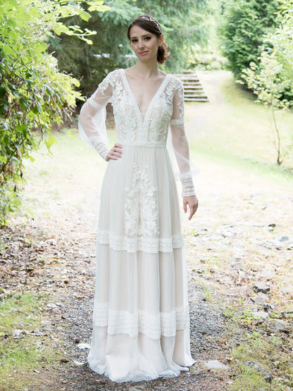 Boho Floral Lace Long Puff Sleeve Deep V Tiered Dot Tulle Open Back Flowy Wedding Dress