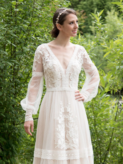 Boho Floral Lace Long Puff Sleeve Deep V Tiered Dot Tulle Open Back Flowy Wedding Dress