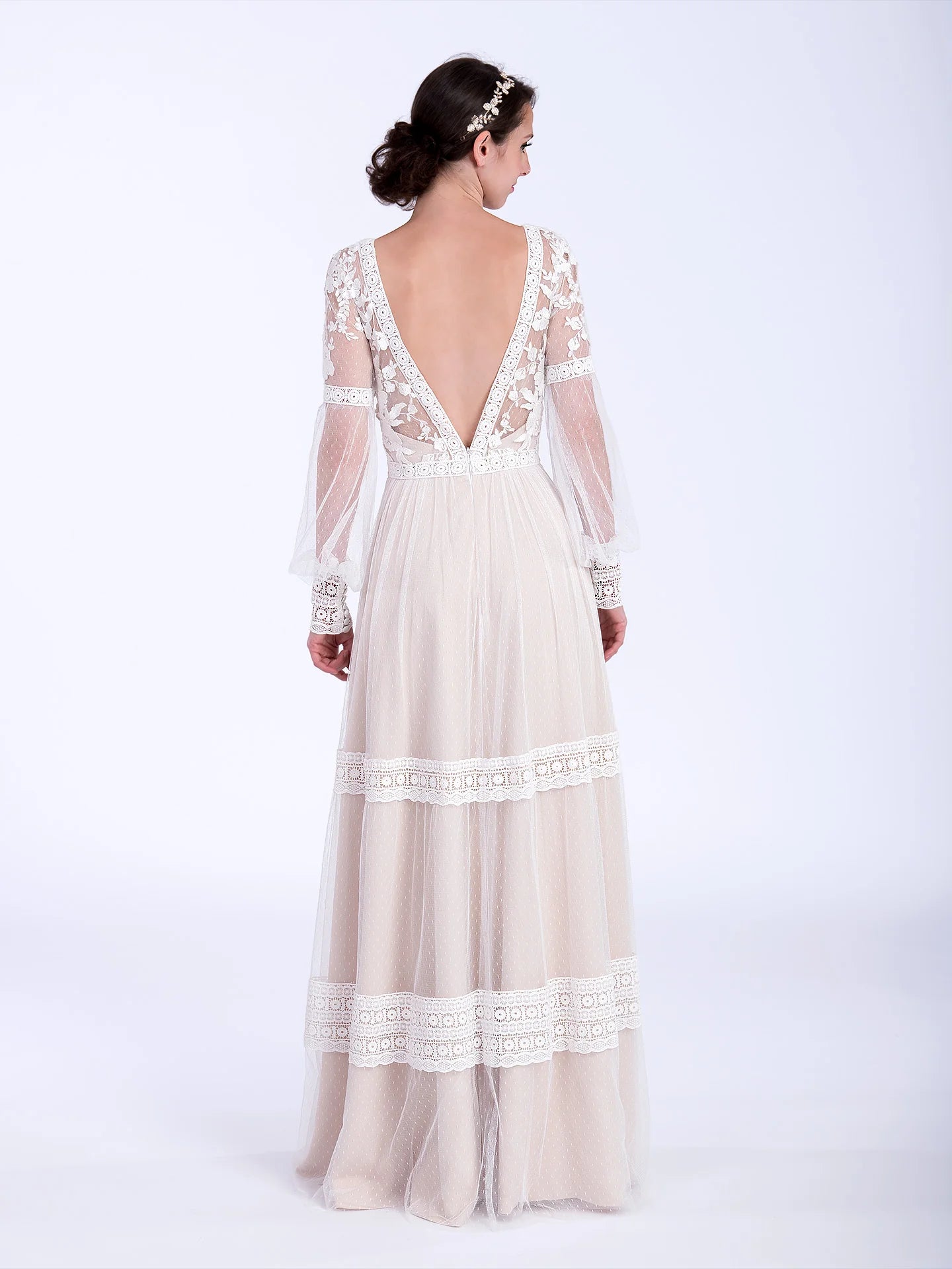 Boho Floral Lace Long Puff Sleeve Deep V Tiered Dot Tulle Open Back Flowy Wedding Dress