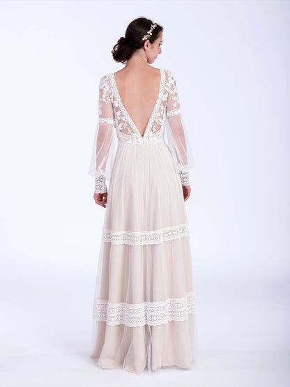 Boho Floral Lace Long Puff Sleeve Deep V Tiered Dot Tulle Open Back Flowy Wedding Dress