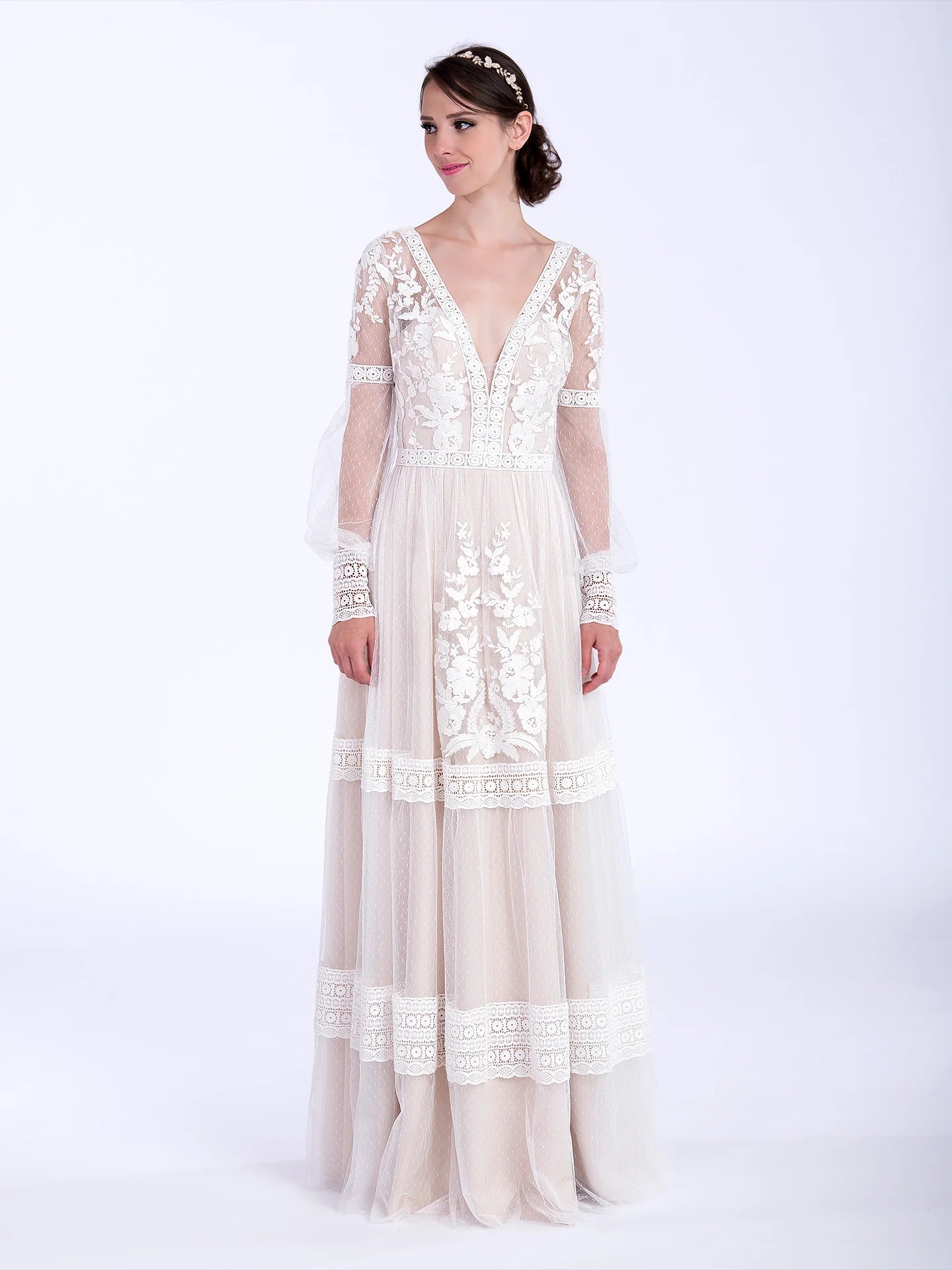 Boho Floral Lace Long Puff Sleeve Deep V Tiered Dot Tulle Open Back Flowy Wedding Dress