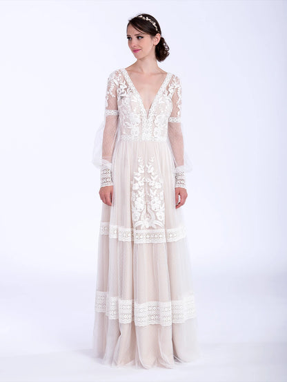 Boho Floral Lace Long Puff Sleeve Deep V Tiered Dot Tulle Open Back Flowy Wedding Dress