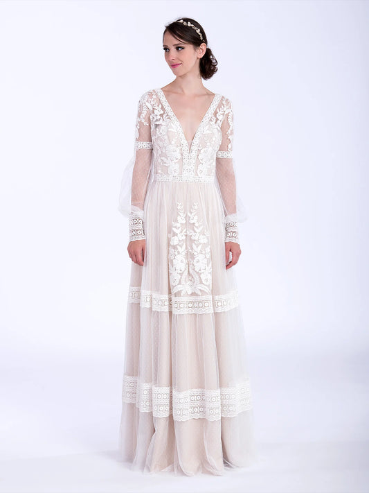 Boho Floral Lace Long Puff Sleeve Deep V Tiered Dot Tulle Open Back Flowy Wedding Dress