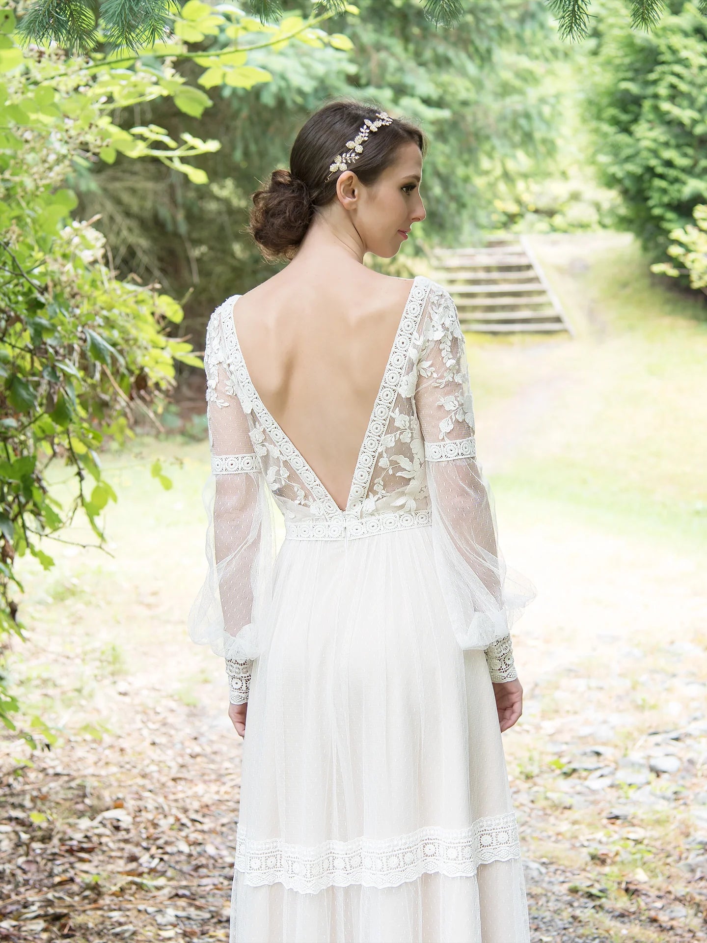 Boho Floral Lace Long Puff Sleeve Deep V Tiered Dot Tulle Open Back Flowy Wedding Dress