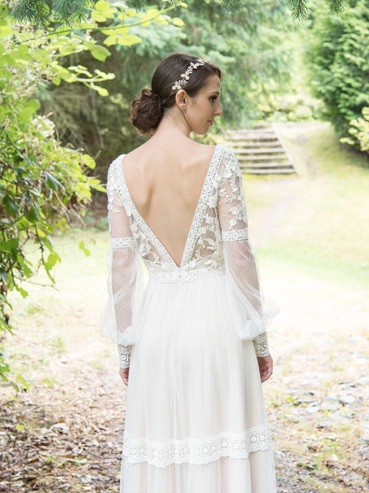 Boho Floral Lace Long Puff Sleeve Deep V Tiered Dot Tulle Open Back Flowy Wedding Dress