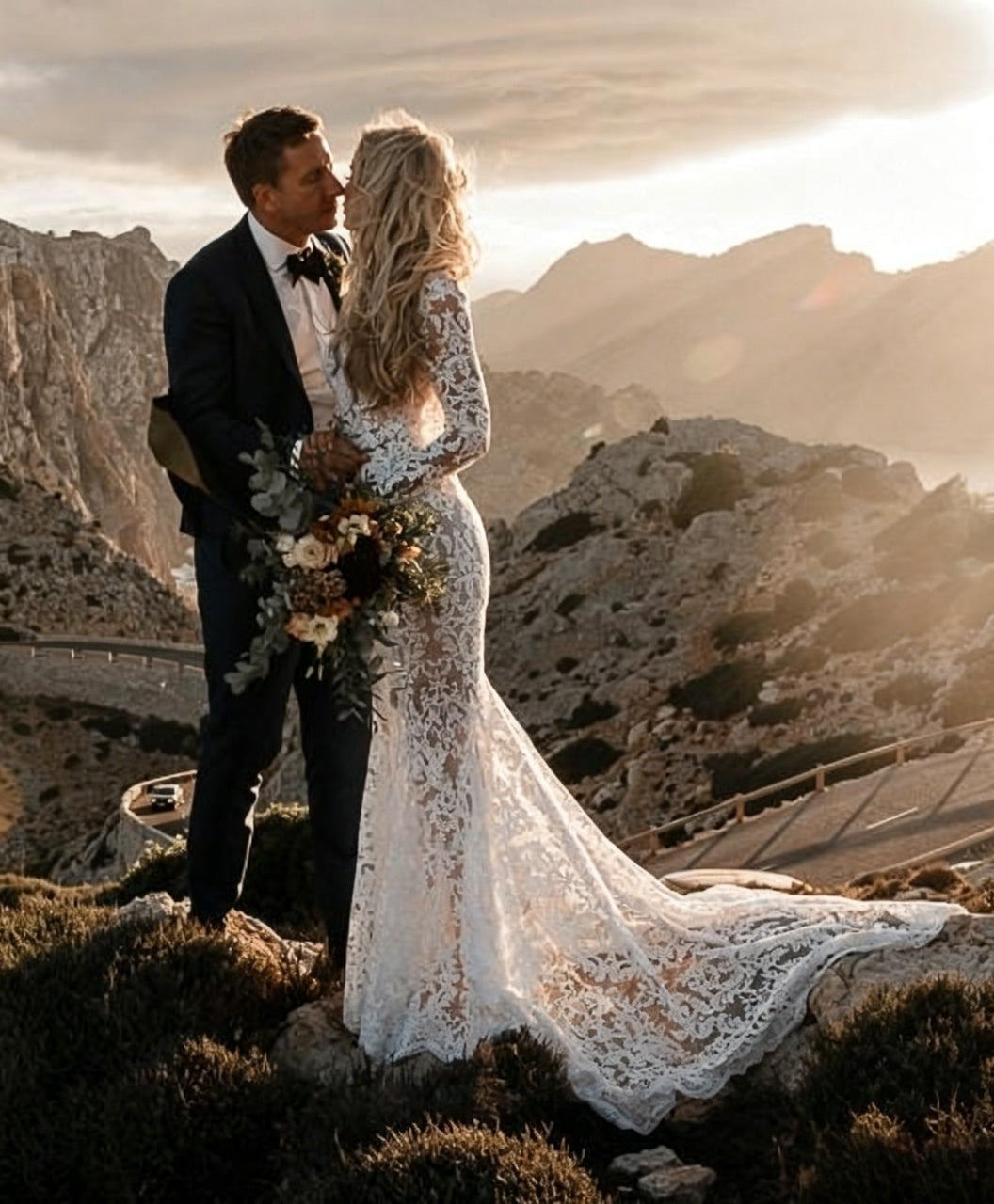 Boho Ornate Scroll Lace Long Sleeve Plunge V Ultra Low Open Back Sheer Mermaid Wedding Dress