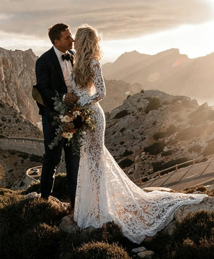 Boho Ornate Scroll Lace Long Sleeve Plunge V Ultra Low Open Back Sheer Mermaid Wedding Dress