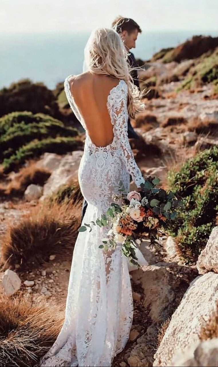 Boho Ornate Scroll Lace Long Sleeve Plunge V Ultra Low Open Back Sheer Mermaid Wedding Dress
