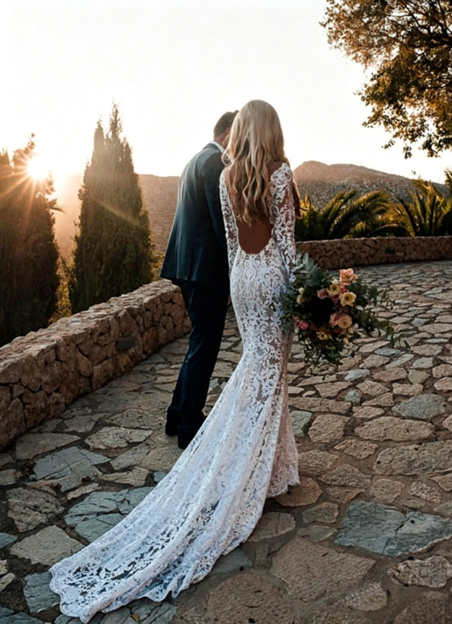Boho Ornate Scroll Lace Long Sleeve Plunge V Ultra Low Open Back Sheer Mermaid Wedding Dress