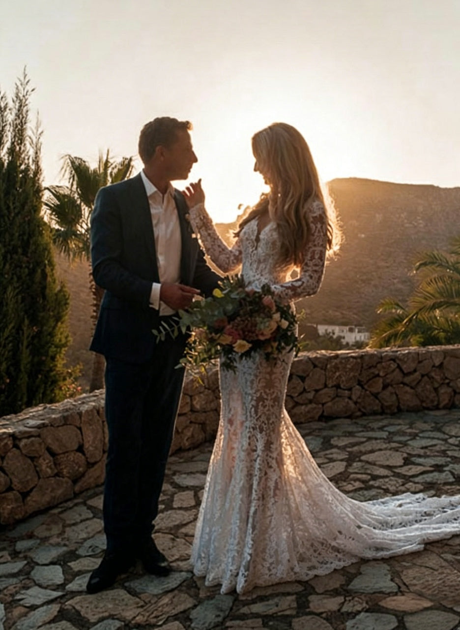 Boho Ornate Scroll Lace Long Sleeve Plunge V Ultra Low Open Back Sheer Mermaid Wedding Dress