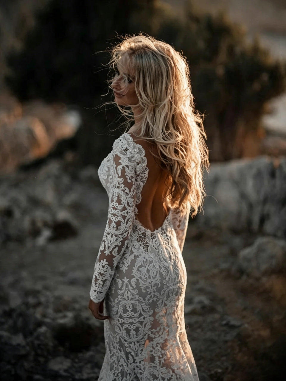 Boho Ornate Scroll Lace Long Sleeve Plunge V Ultra Low Open Back Sheer Mermaid Wedding Dress
