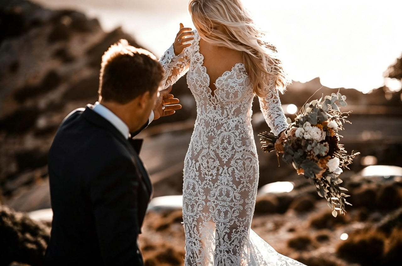 Boho Ornate Scroll Lace Long Sleeve Plunge V Ultra Low Open Back Sheer Mermaid Wedding Dress
