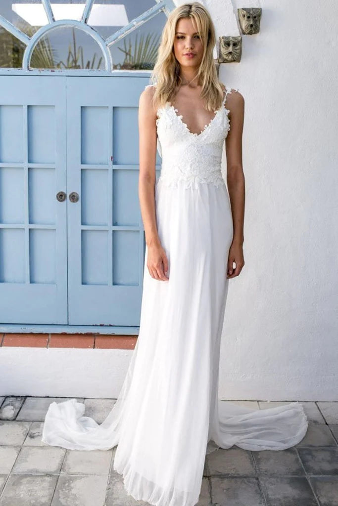 Boho Spaghetti Strap Lace Bodice Open Back Chiffon Sweep Train A-line Wedding Dress