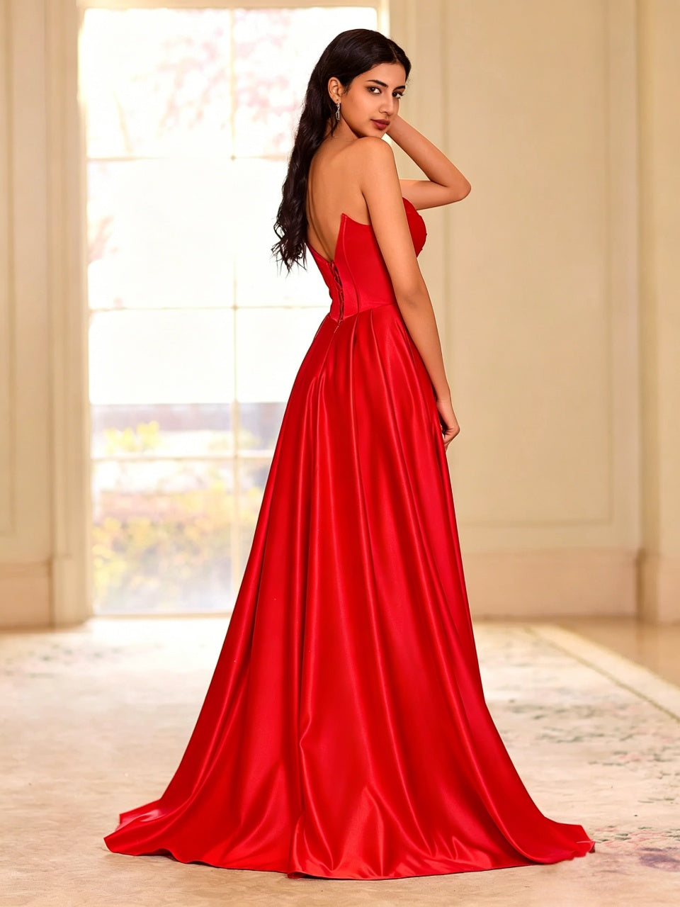 Striking Satin A-Line Sweetheart Strapless Corset Slit Floor Length Evening Dress