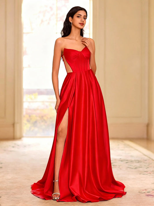 Bold A-Line Sweetheart Strapless Corset Side Cutout Slit Floor Length Satin Evening Dress