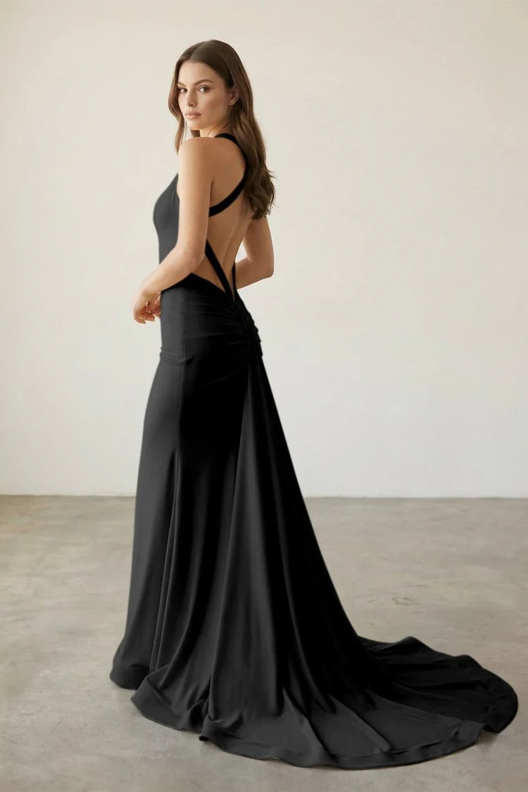 Bold Halter Neck Satin Mermaid Evening Dress with Twist Back Detail High Slit & Cathedral Train