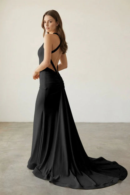 Bold Halter Neck Satin Mermaid Evening Dress with Twist Back Detail High Slit & Cathedral Train