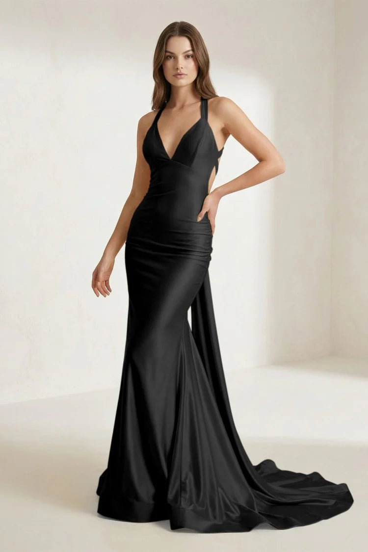 Bold Halter Neck Satin Mermaid Evening Dress with Twist Back Detail High Slit & Cathedral Train