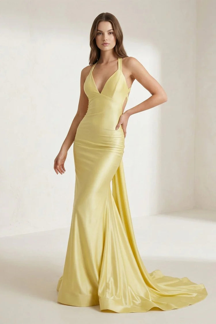 Bold Halter Neck Satin Mermaid Evening Dress with Twist Back Detail High Slit & Cathedral Train