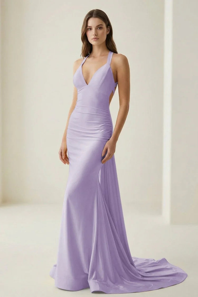 Bold Halter Neck Satin Mermaid Evening Dress with Twist Back Detail High Slit & Cathedral Train