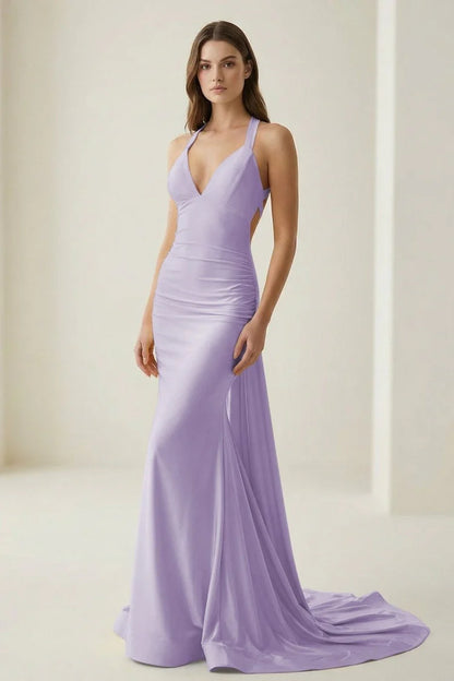 Bold Halter Neck Satin Mermaid Evening Dress with Twist Back Detail High Slit & Cathedral Train
