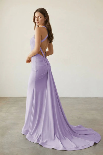 Bold Halter Neck Satin Mermaid Evening Dress with Twist Back Detail High Slit & Cathedral Train