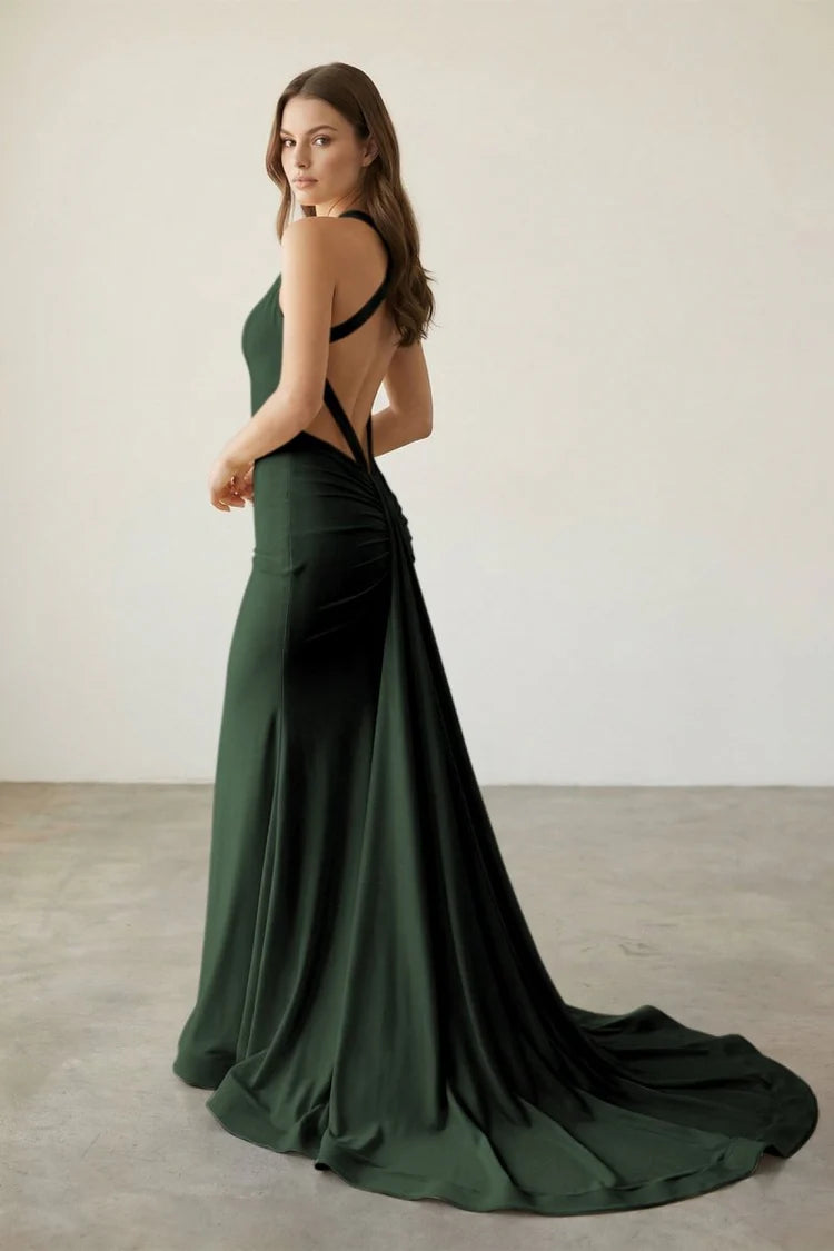 Bold Halter Neck Satin Mermaid Evening Dress with Twist Back Detail High Slit & Cathedral Train