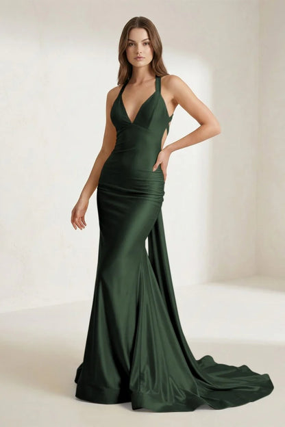 Bold Halter Neck Satin Mermaid Evening Dress with Twist Back Detail High Slit & Cathedral Train
