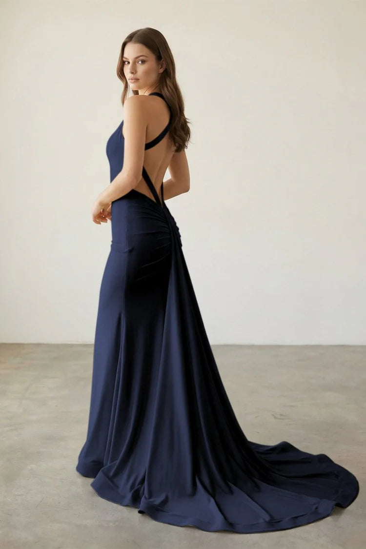 Bold Halter Neck Satin Mermaid Evening Dress with Twist Back Detail High Slit & Cathedral Train