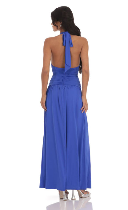 Bold Royal Blue Halter Evening Dress with Plunge Neck, Ruched Bodice & Open Back
