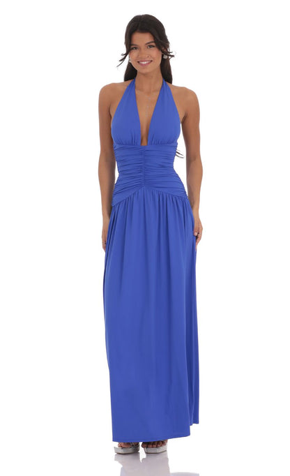 Bold Royal Blue Halter Evening Dress with Plunge Neck, Ruched Bodice & Open Back