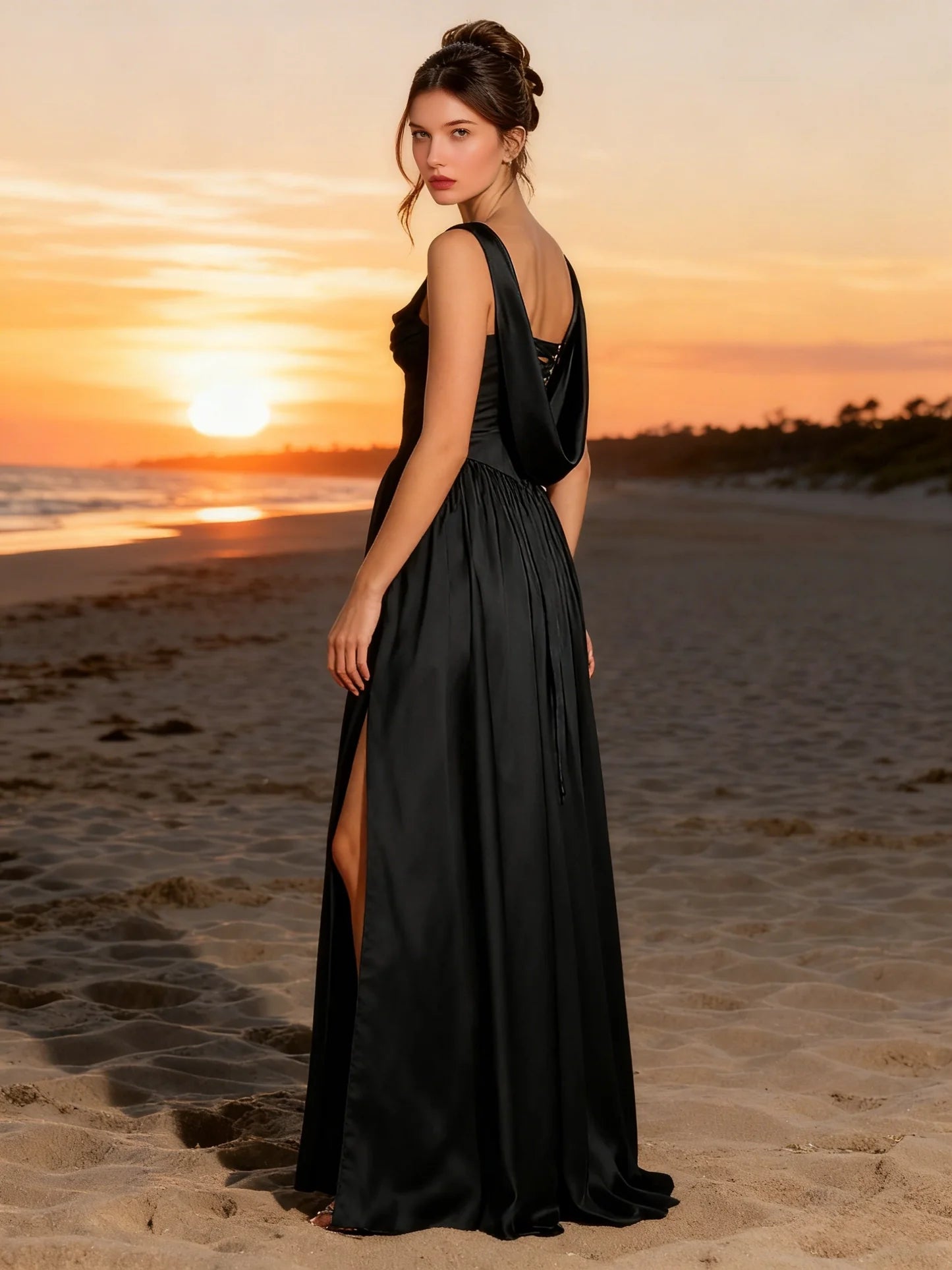 Bold Satin A-Line Square-Neck Corset-Back High-Slit Floor-Length Evening Gown