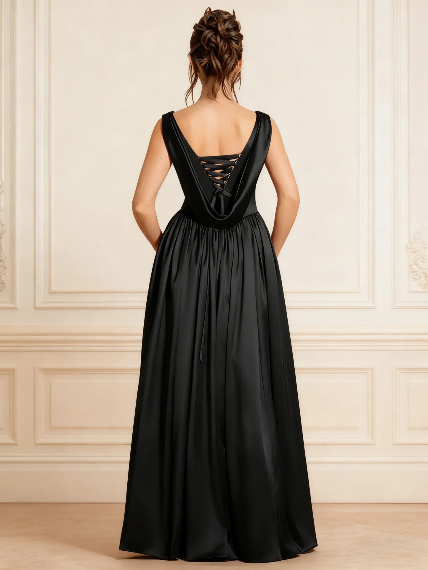 Bold Satin A-Line Square-Neck Corset-Back High-Slit Floor-Length Evening Gown