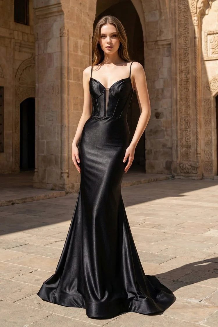 Boned Corset Satin Mermaid Evening Dress with Spaghetti Straps, Crisscross Lace-Up Back & Sweep Train
