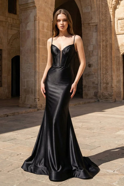 Boned Corset Satin Mermaid Evening Dress with Spaghetti Straps, Crisscross Lace-Up Back & Sweep Train