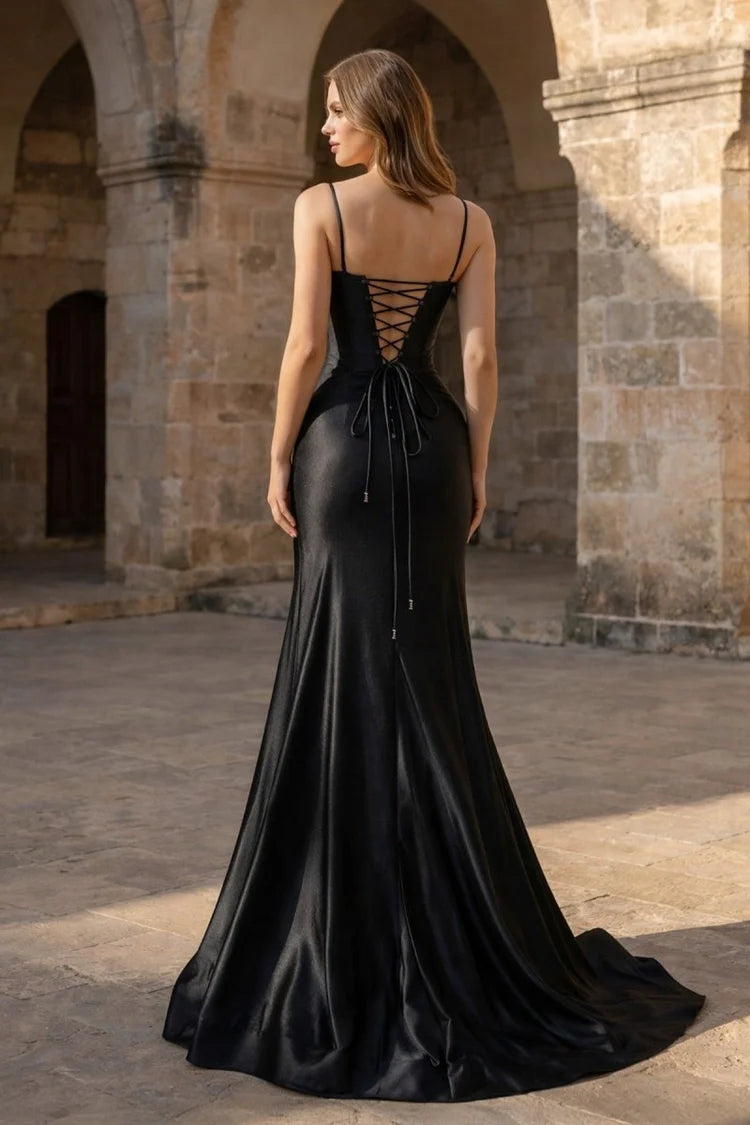 Boned Corset Satin Mermaid Evening Dress with Spaghetti Straps, Crisscross Lace-Up Back & Sweep Train