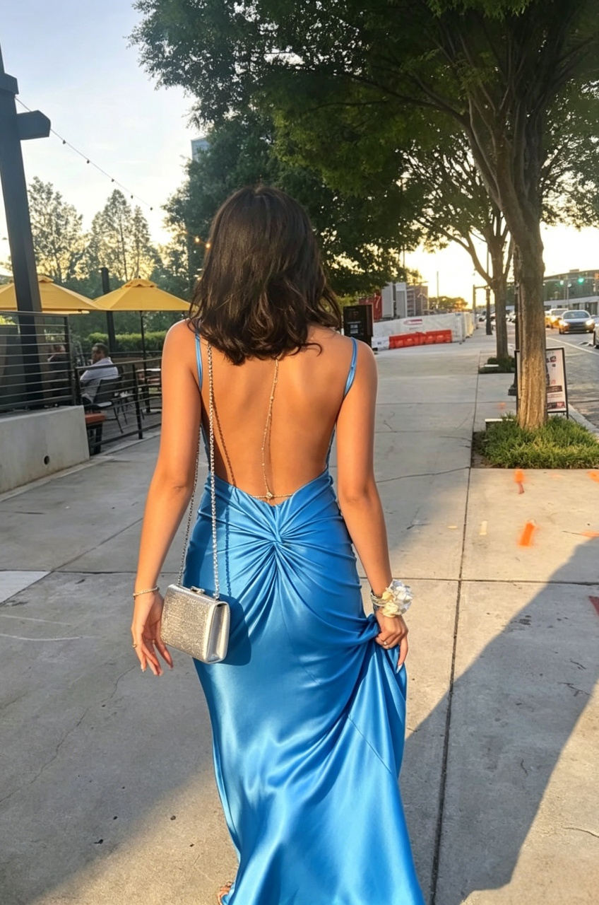 Elegant Bright Blue Satin Mermaid V-Neck Knotted Open Back Prom Dress