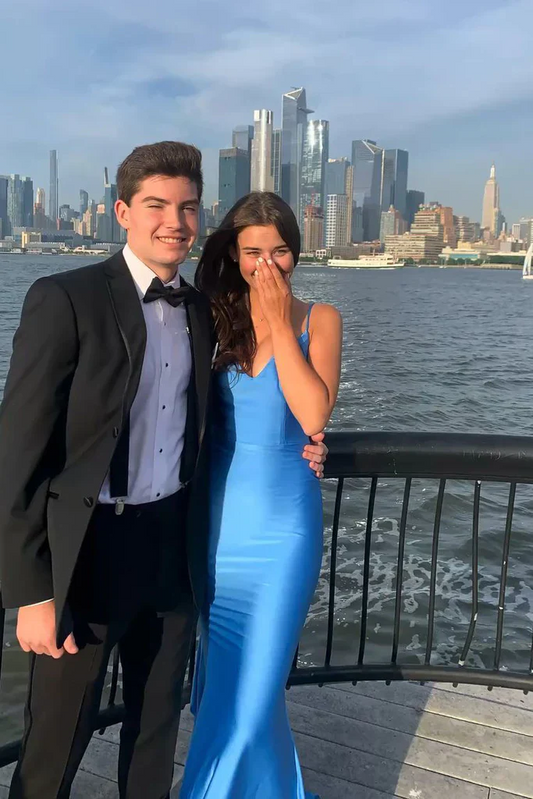 Bright Blue Satin Spaghetti Strap V-Neck Open Back Knotted Mermaid Floor Length Prom Dresses