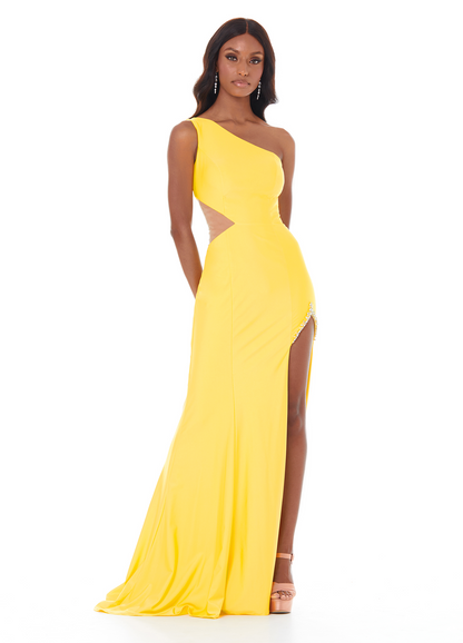 Bright Fitted One Shoulder Sleeveless Cutout Back Slit Long Prom Dress