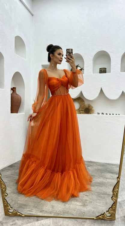 Bright Orange A-Line Sweetheart Neck Long Sheer Sleeve Corset Back Floor Length Prom Dresses