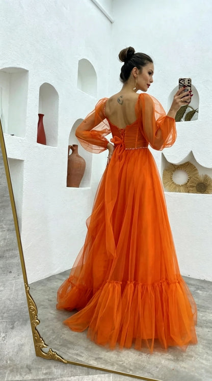 Bright Orange A-Line Sweetheart Neck Long Sheer Sleeve Corset Back Floor Length Prom Dresses