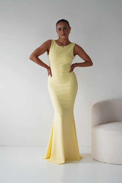 Bright Yellow Mermaid Prom Dress with Scoop Neckline and Dramatic Back Bow