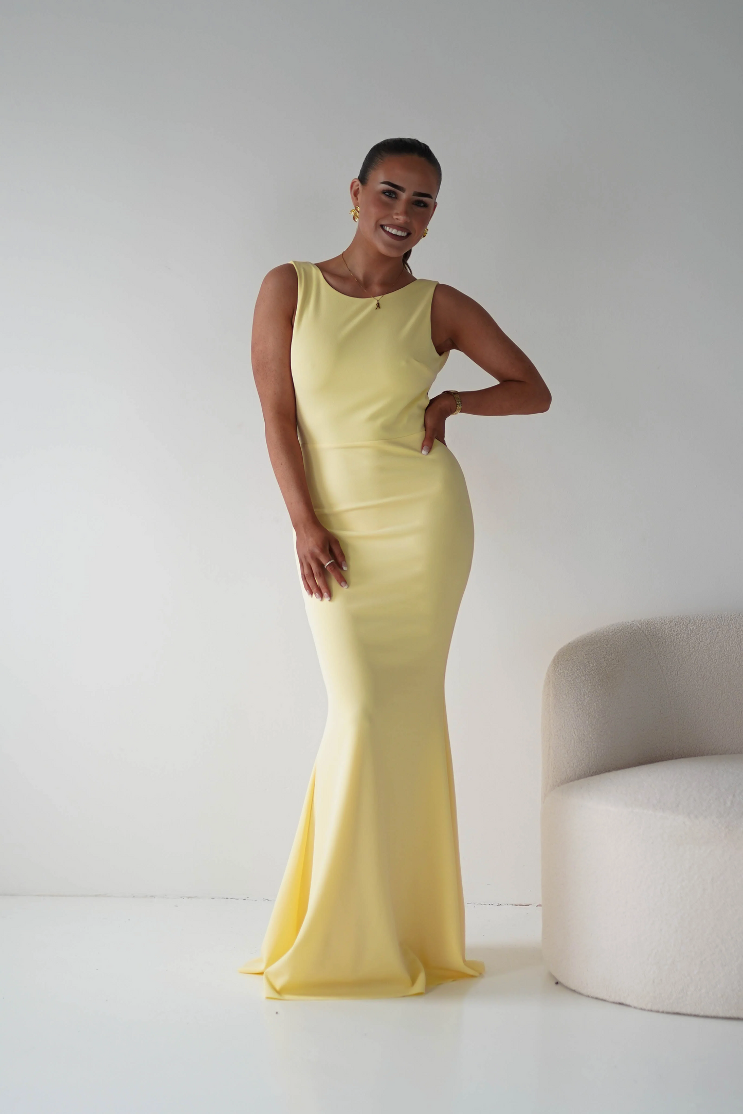 Bright Yellow Mermaid Prom Dress with Scoop Neckline and Dramatic Back Bow